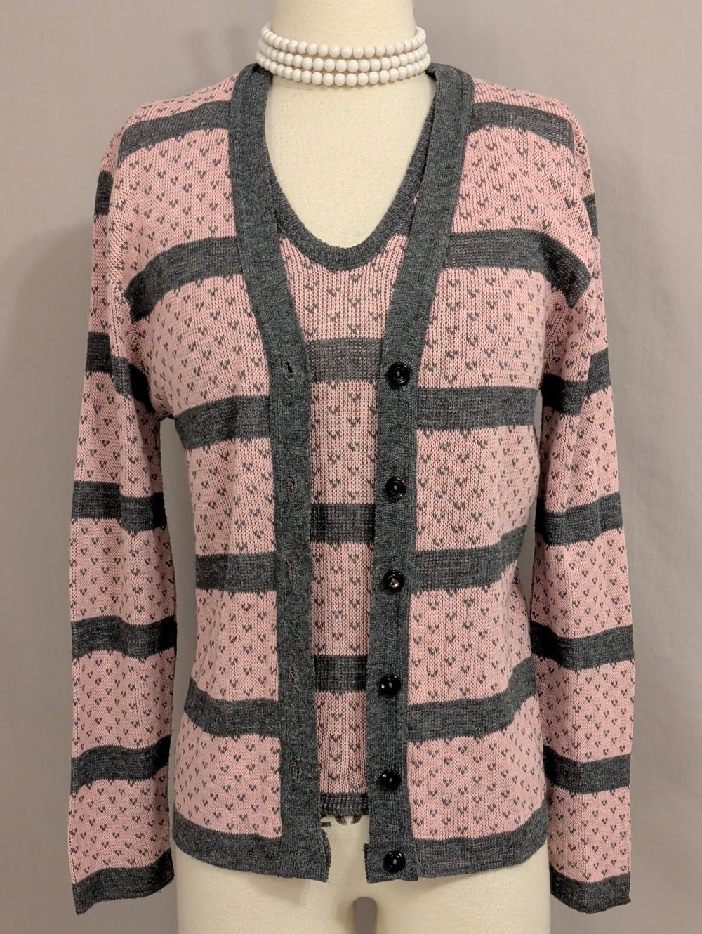 Vintage 70s Striped Pink & Gray Twin Set Sleeveless V-Neck w Cardigan Sweater